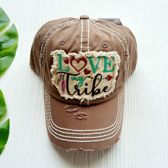Love My Tribe Ball Cap NWT Distressed Light Brown with Cream Stitching One Size - Picture 4 of 4